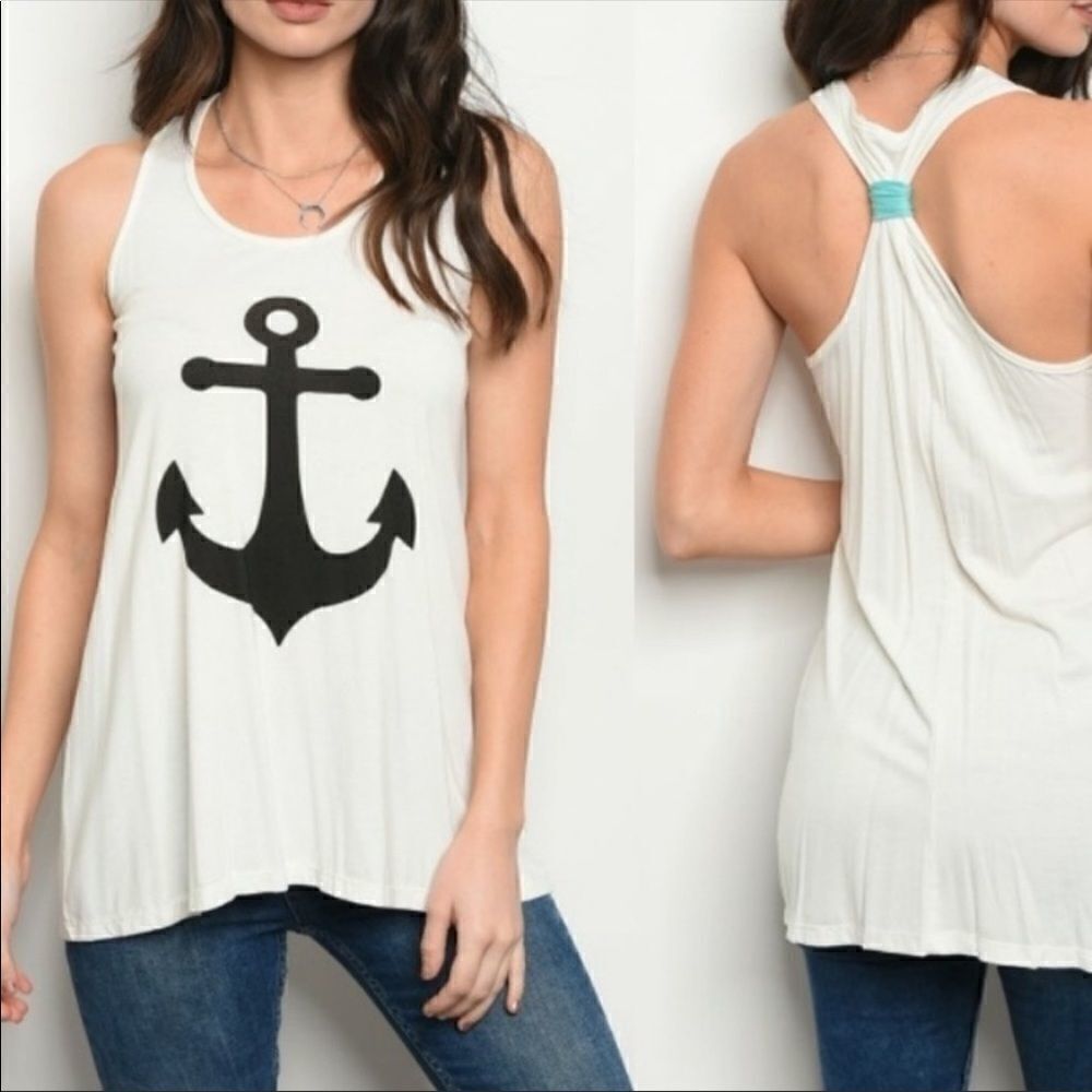 White Navy Anchor Graphic Racerback Tank USA Boutique Coastal Nautical Beach S - Picture 2 of 9